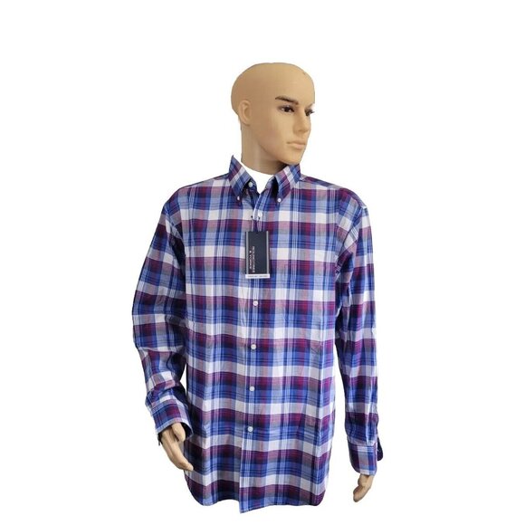 Roundtree Yorke Men's Shirt Size XL Pinpoint Oxford Berry Blue Plaid 33 - Picture 2 of 6